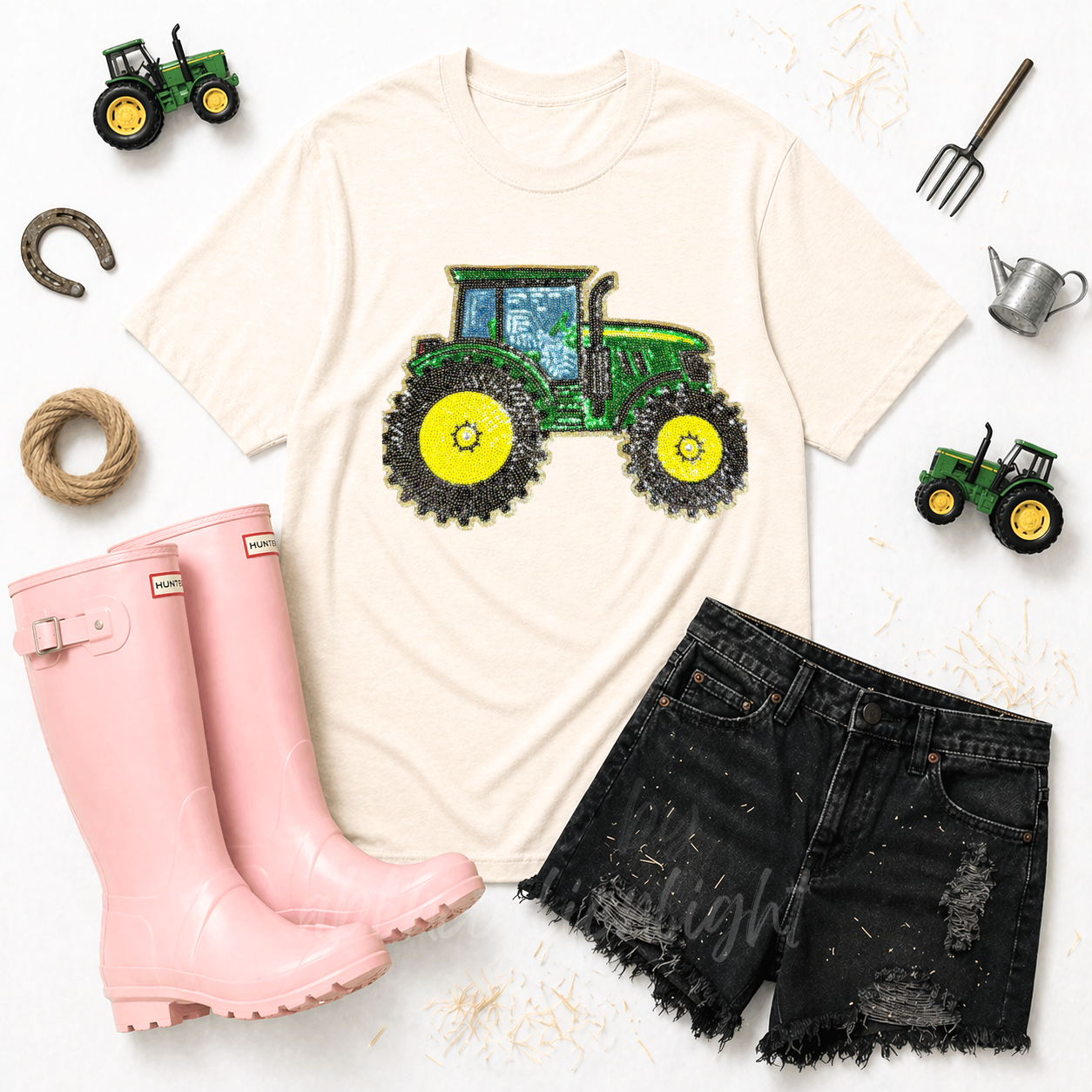 Green Tractor Farming Sequin Patch Tshirt