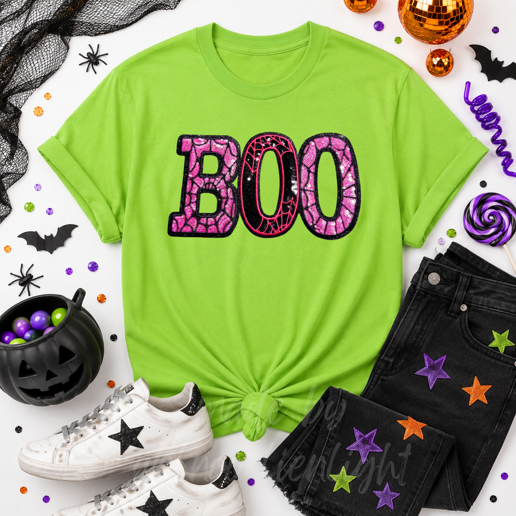 Pink Spider Web Boo Halloween Sequin Patch Tshirt