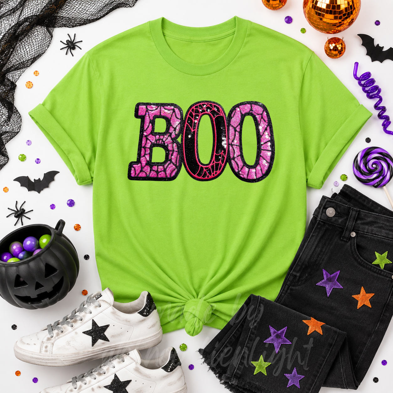 Pink Spider Web Boo Halloween Sequin Patch Tshirt
