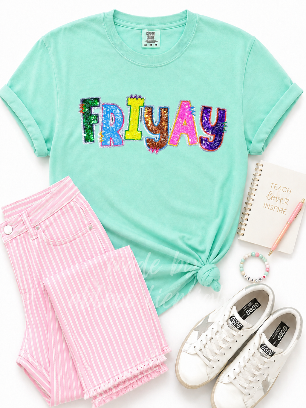 Colorful Friyay Teacher Sequin Patch Tshirt