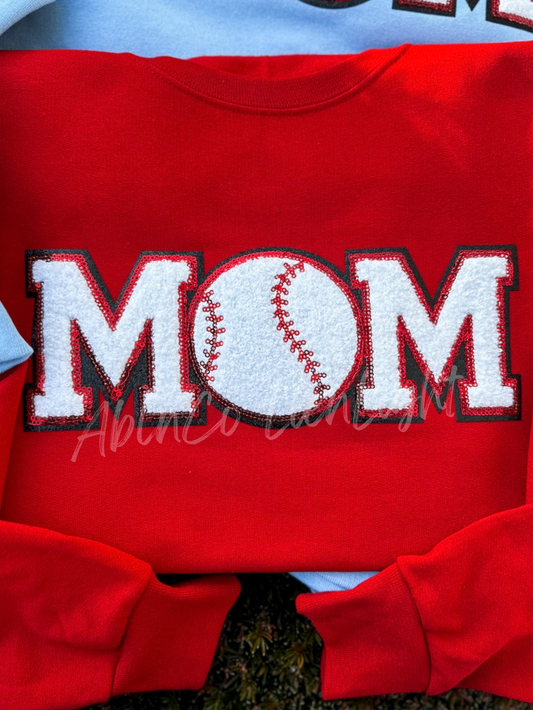 Mom Baseball Red Sequin Chenille Patch