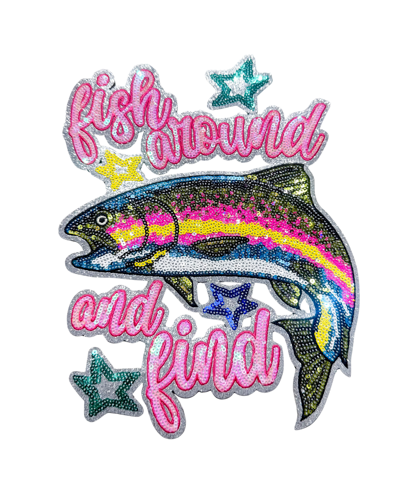 Fish Around And Find Trout Summer Sequin Patch - Large