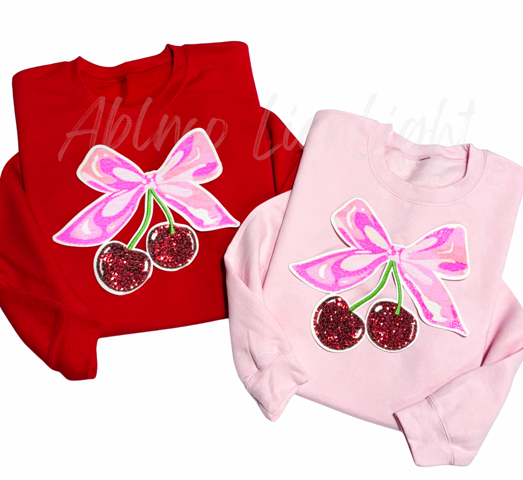 Pink Cherry Bow Valentines Day Sequin Patch Sweatshirt