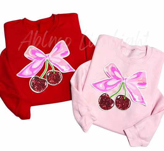 Cherries Pink Bow Valentines Day Sequins Patch Sweatshirt