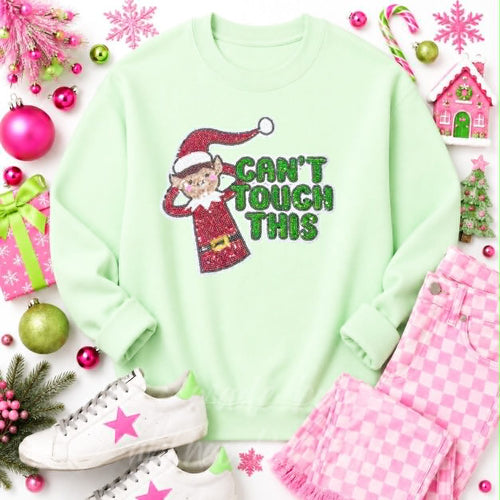 Can't Touch This Elf Christmas Sequin Patch Sweatshirt