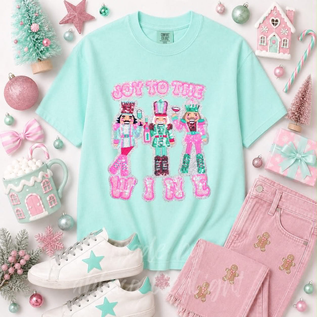 Joy to the Wine Nutcracker Christmas Sequin Patch Tshirt