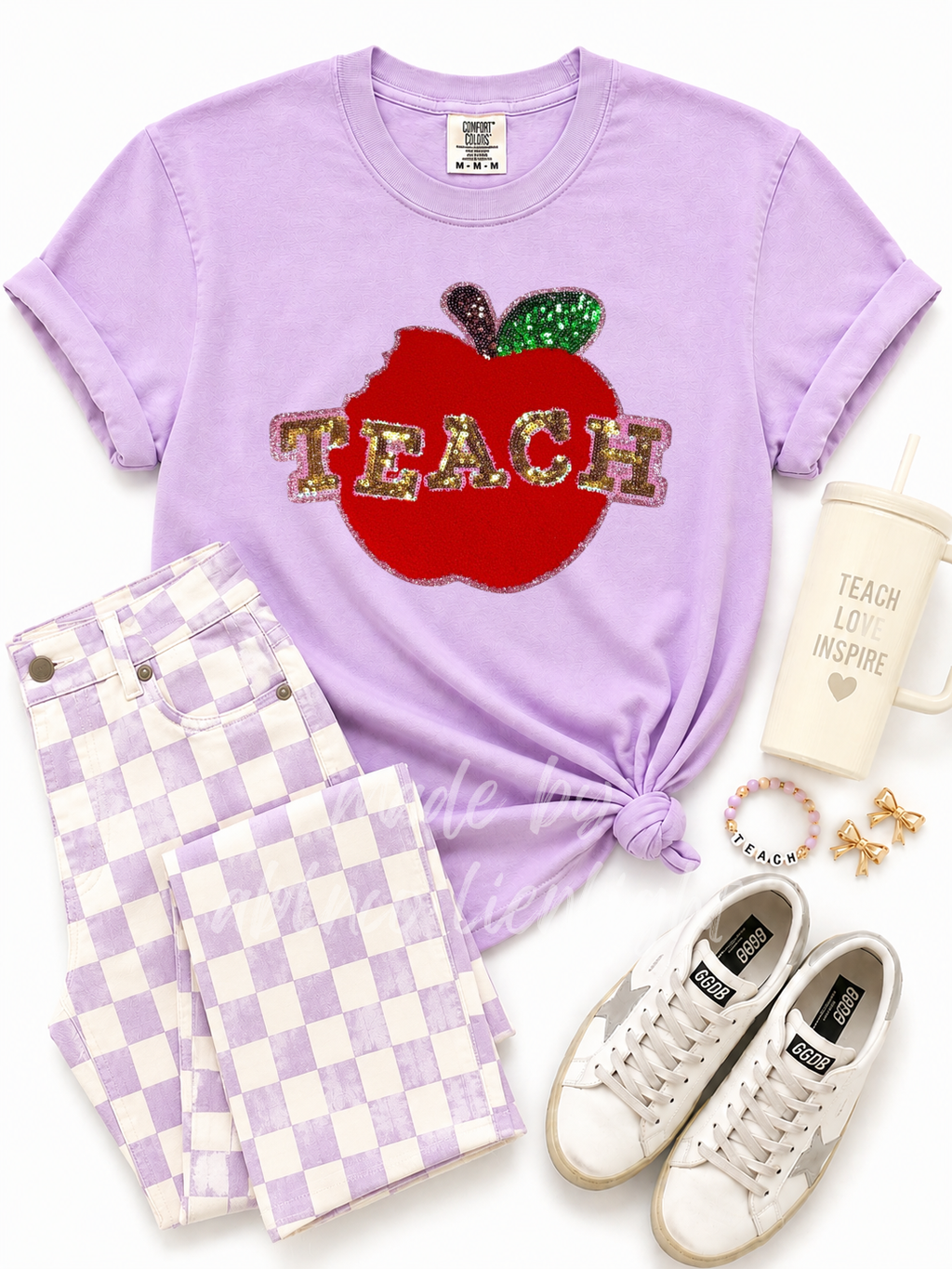 Teach Apple Teacher Chenille Sequin Patch Tshirt