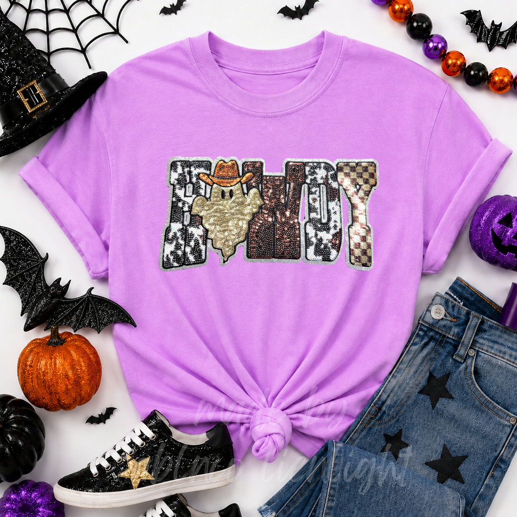 Cow Print Ghost Howdy Halloween Sequin Patch Tshirt