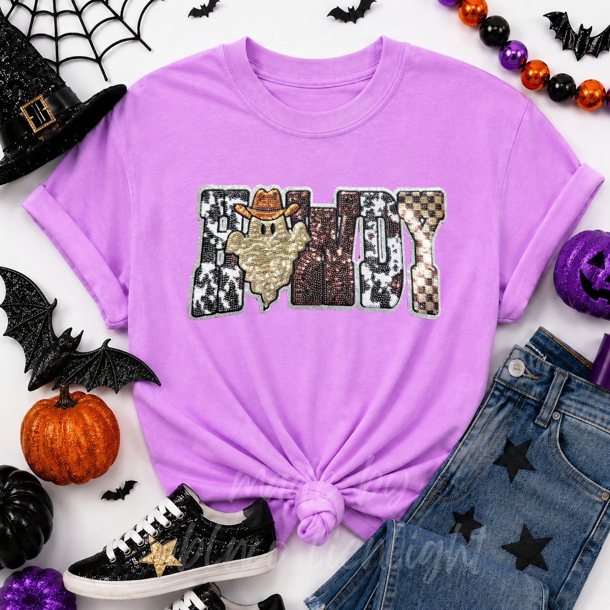 Cow Print Ghost Howdy Halloween Sequin Patch Tshirt