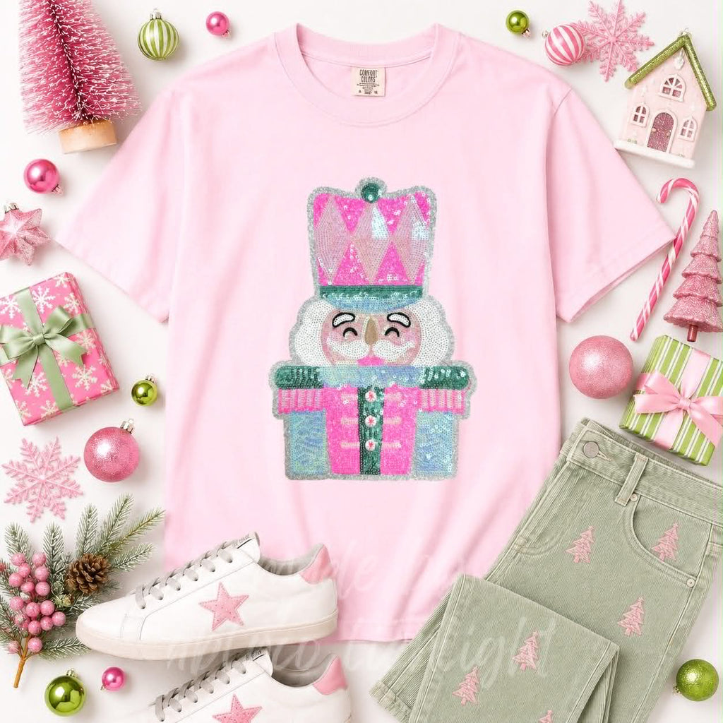 Pink & Mint Nutcracker Christmas Sequin Patch Tshirt