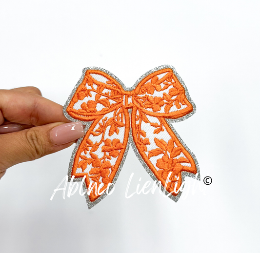 Orange Floral Bow Glitter Embroidery Patch