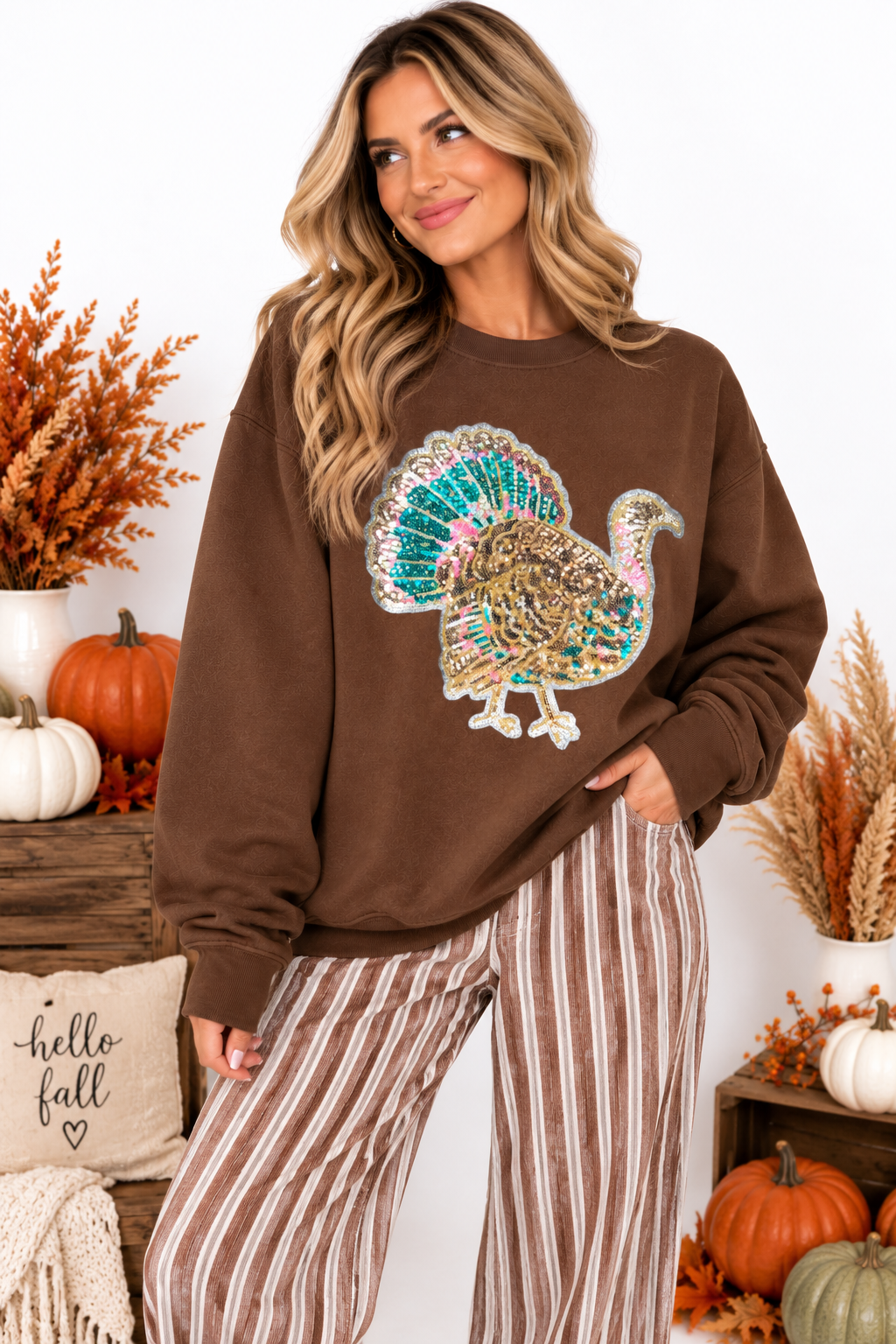 Colorful Turkey Thanksgiving Fall Sequin Patch Full Length Sweatshirt