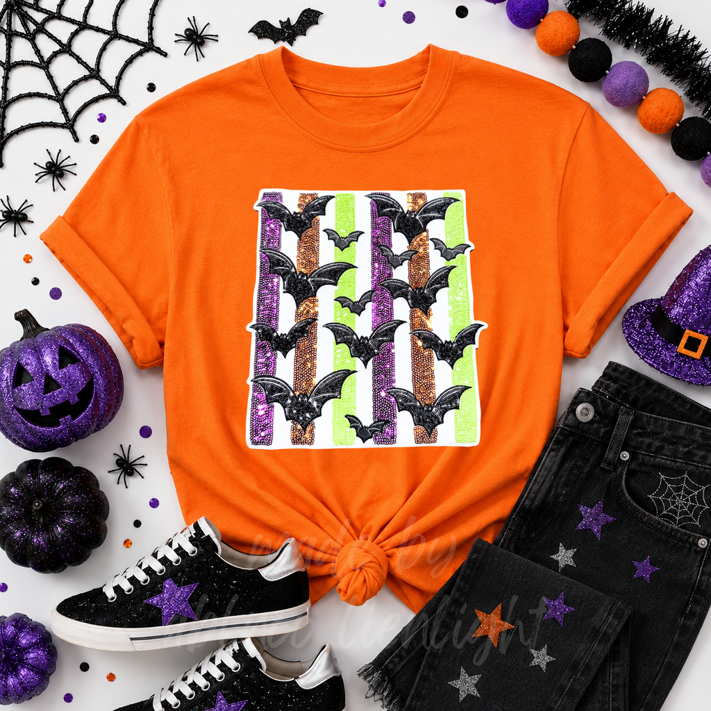Colorful Striped Bats Halloween Sequin Patch Tshirt