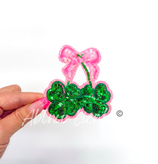 Pink Bow & Clover St Patricks Day Sequins Patch - Small