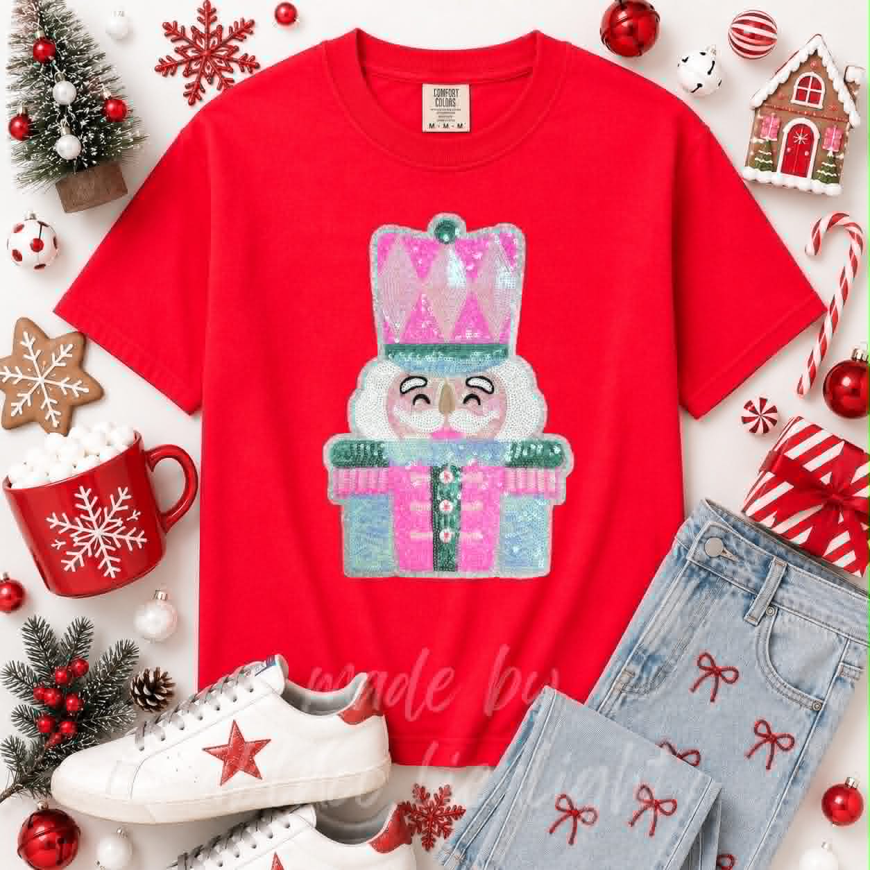 Pink & Mint Nutcracker Christmas Sequin Patch Tshirt