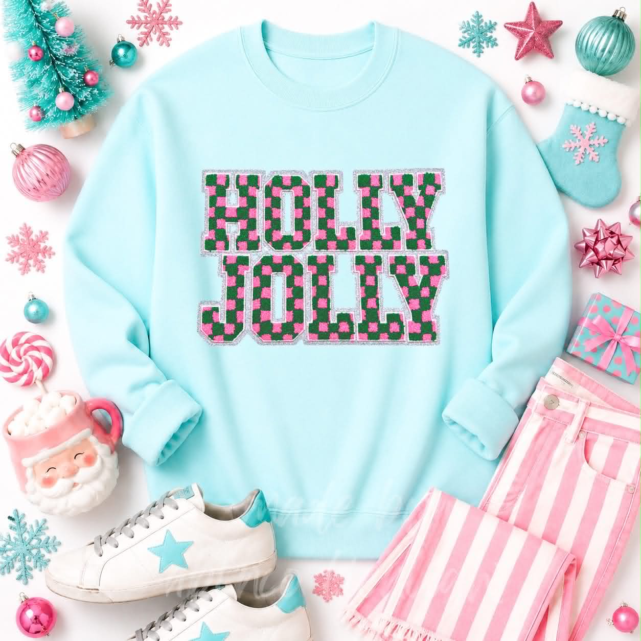 Checkered Holly Jolly Christmas Sequin Patch Sweatshirt