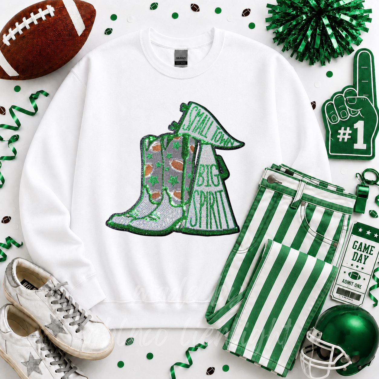 Green Small Town Big Spirit Football Sequin Patch - Large