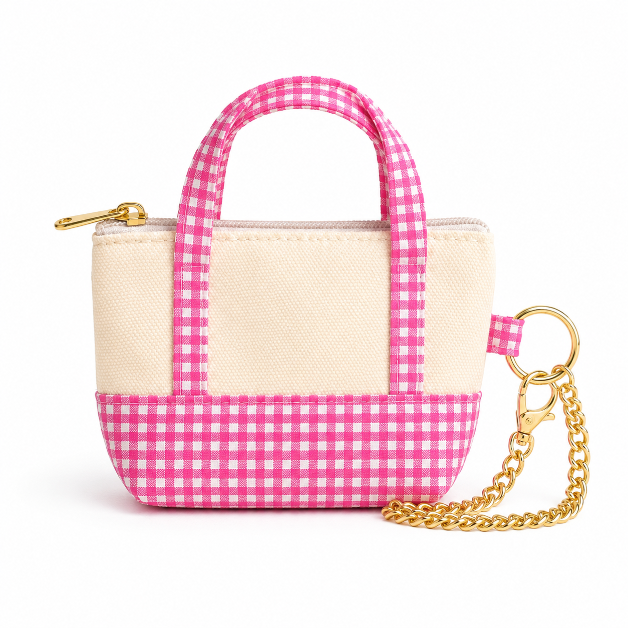 Pink Gingham Mini Tote Bag Keychain | Zippered Purse Charm & Pouch
