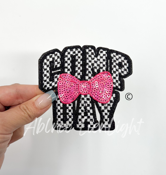 Checkered Comp Day Sequins Pink Bow Embroidery Patch ©️