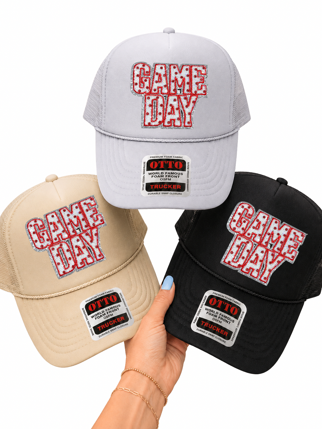 Red Polka Dots Game Day Sequin Patch Otto Trucker Hat