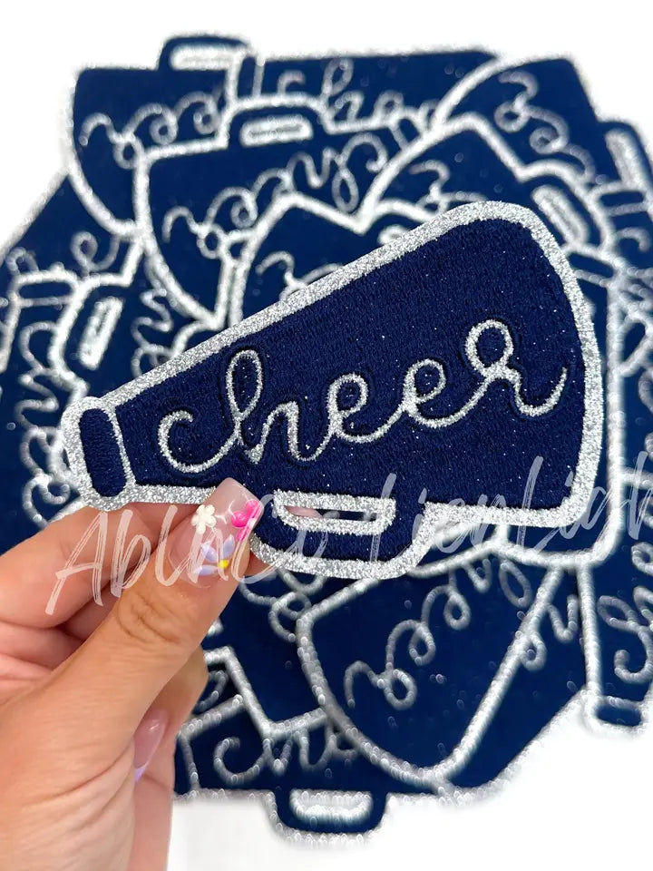 Navy Cheer Megaphone Silver Embroidery Patch