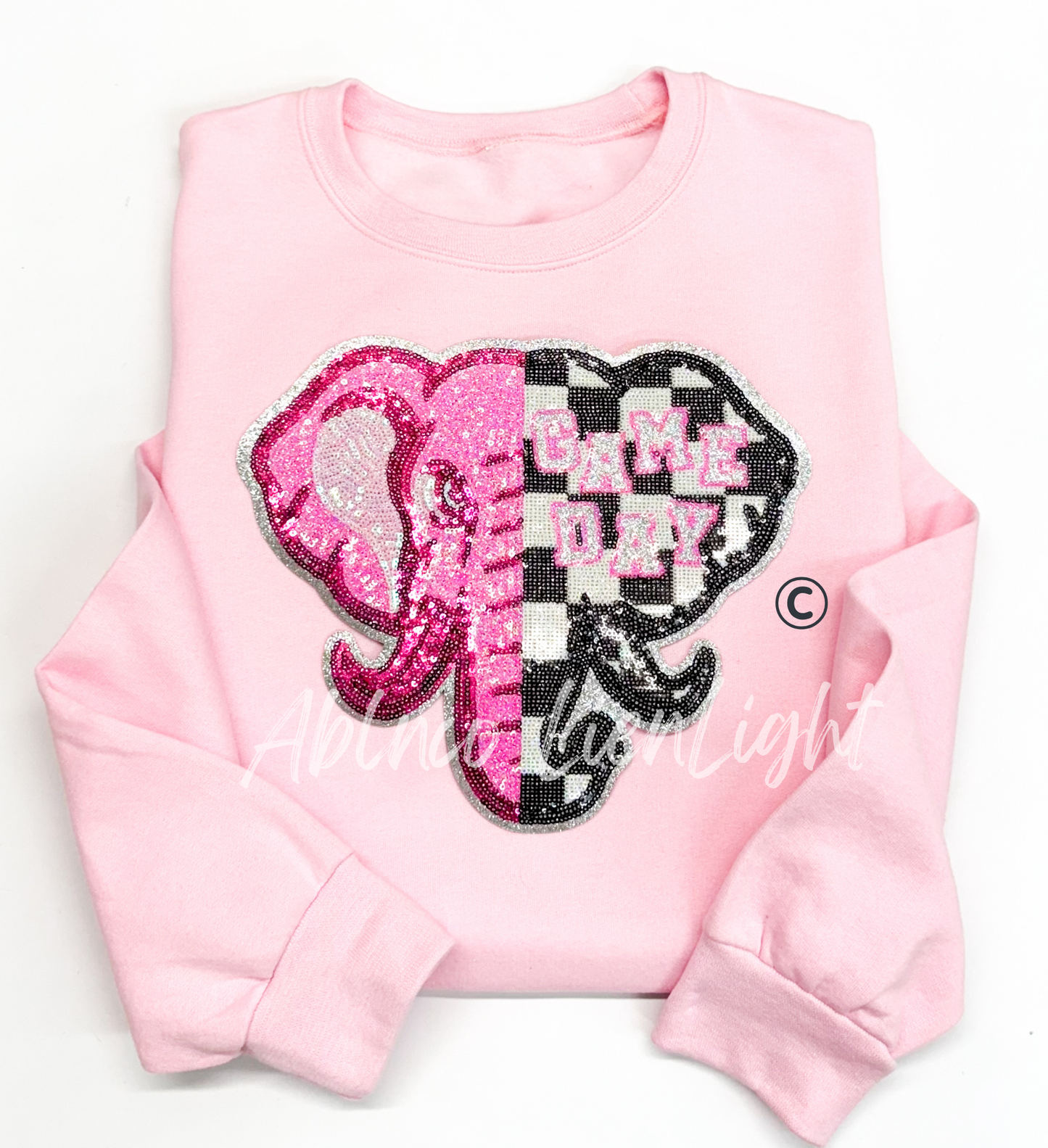 Preppy Pink Checkered Elephant Mascot Game Day Sequin Patch