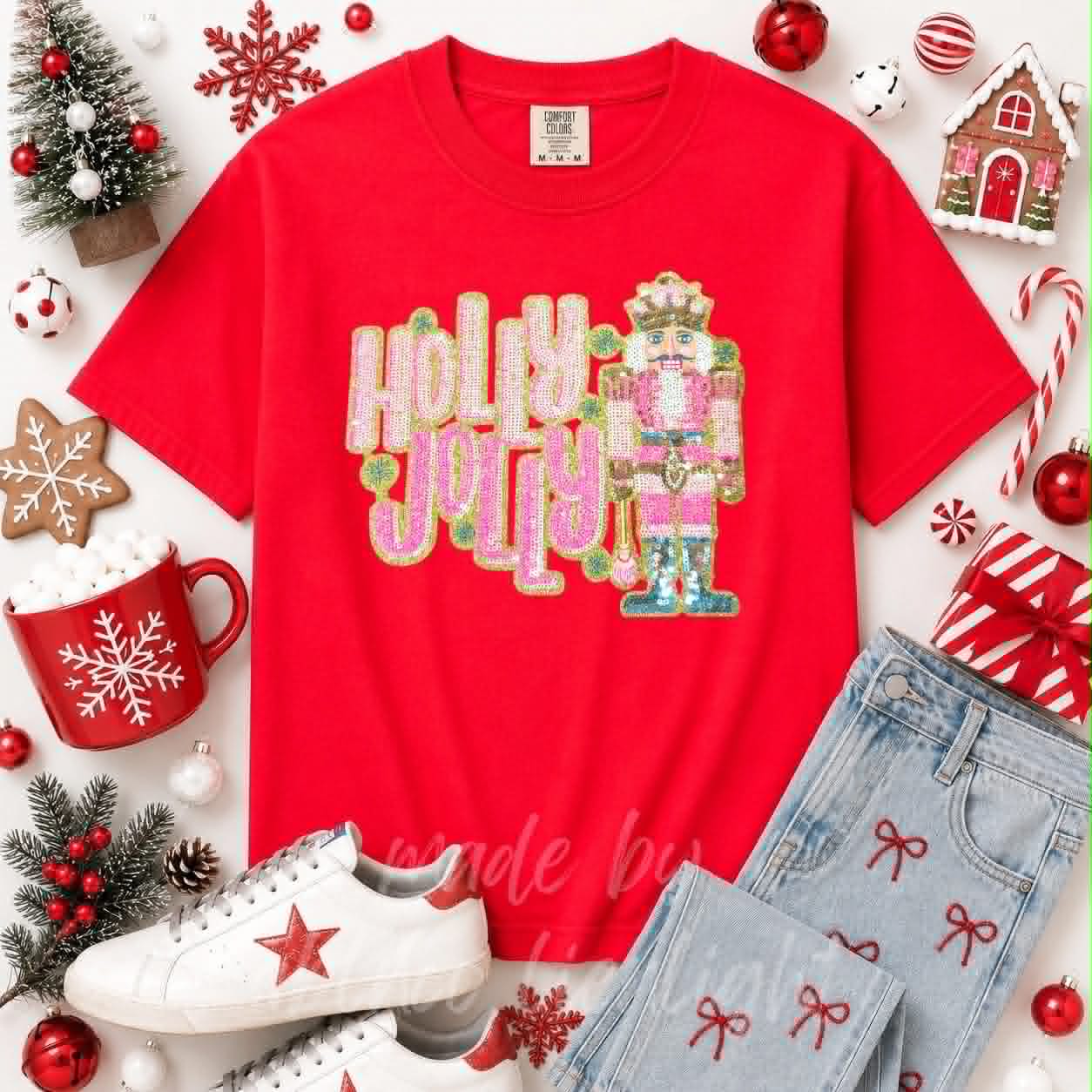 Holly Jolly Nutcracker Christmas Sequin Patch Tshirt