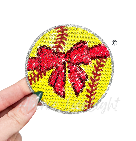 Softball Bow Sequins Patch - Small