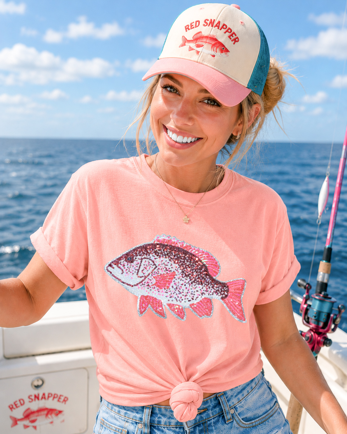 Red Snapper Fish Summer Sequin Patch Tshirt