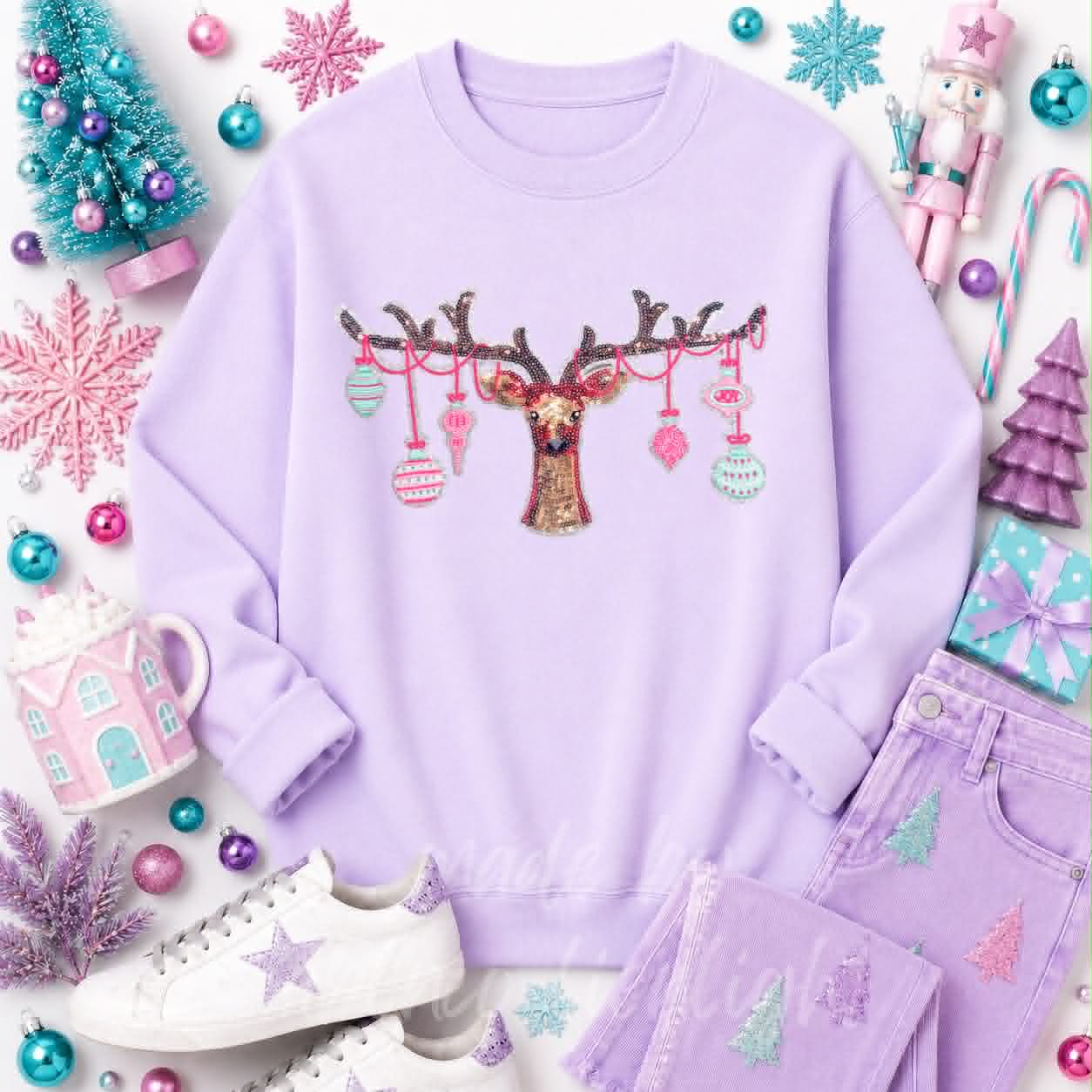 Ornament Reindeer Christmas Sequin Patch Sweatshirt