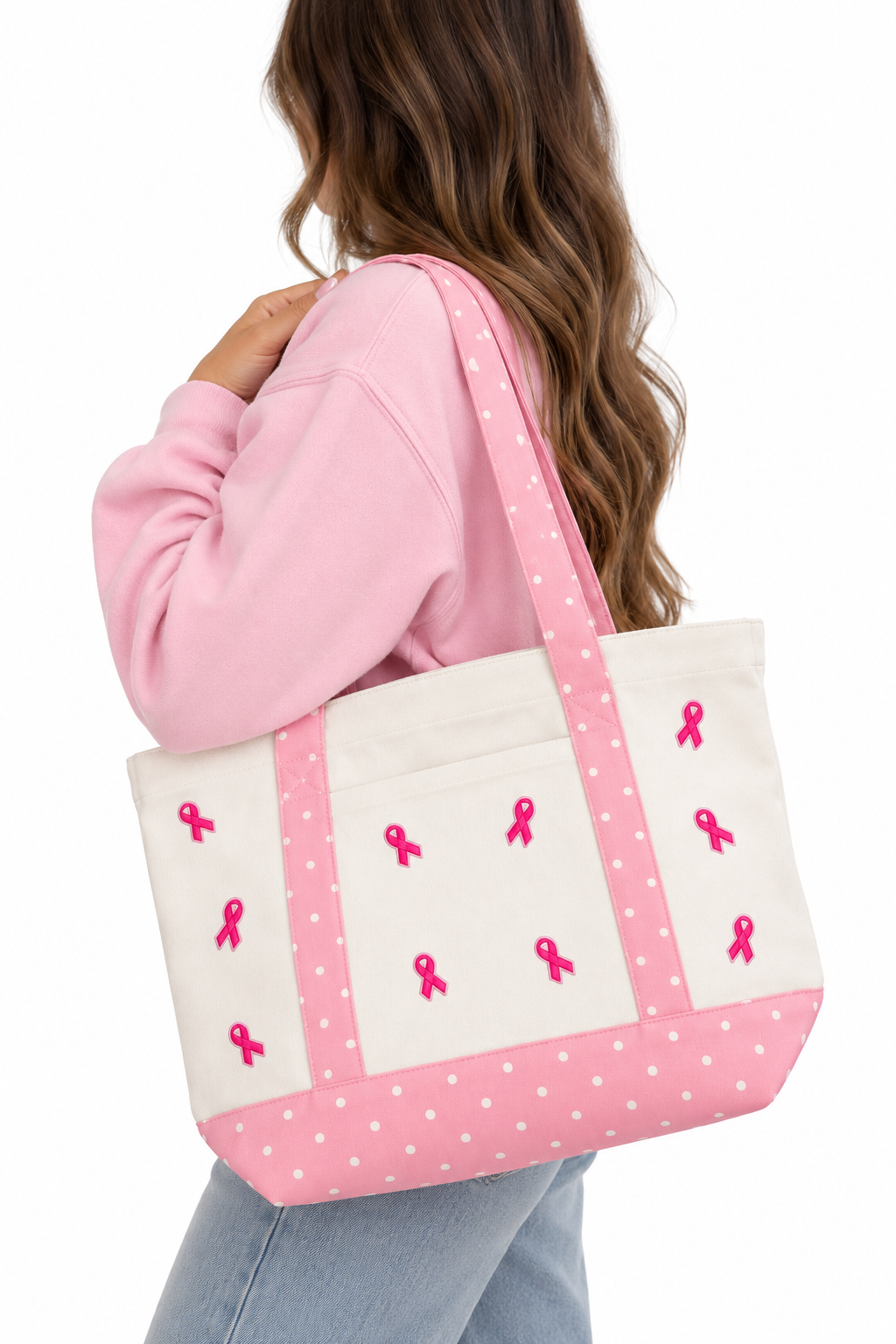Pink Breast Cancer Ribbon Polka Dot Tote Bag
