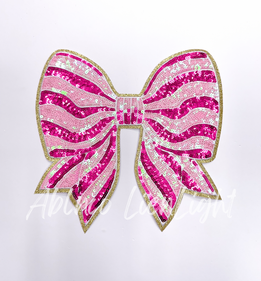 Pink Stripe Sequins Bow Valentines Day Patch - Large