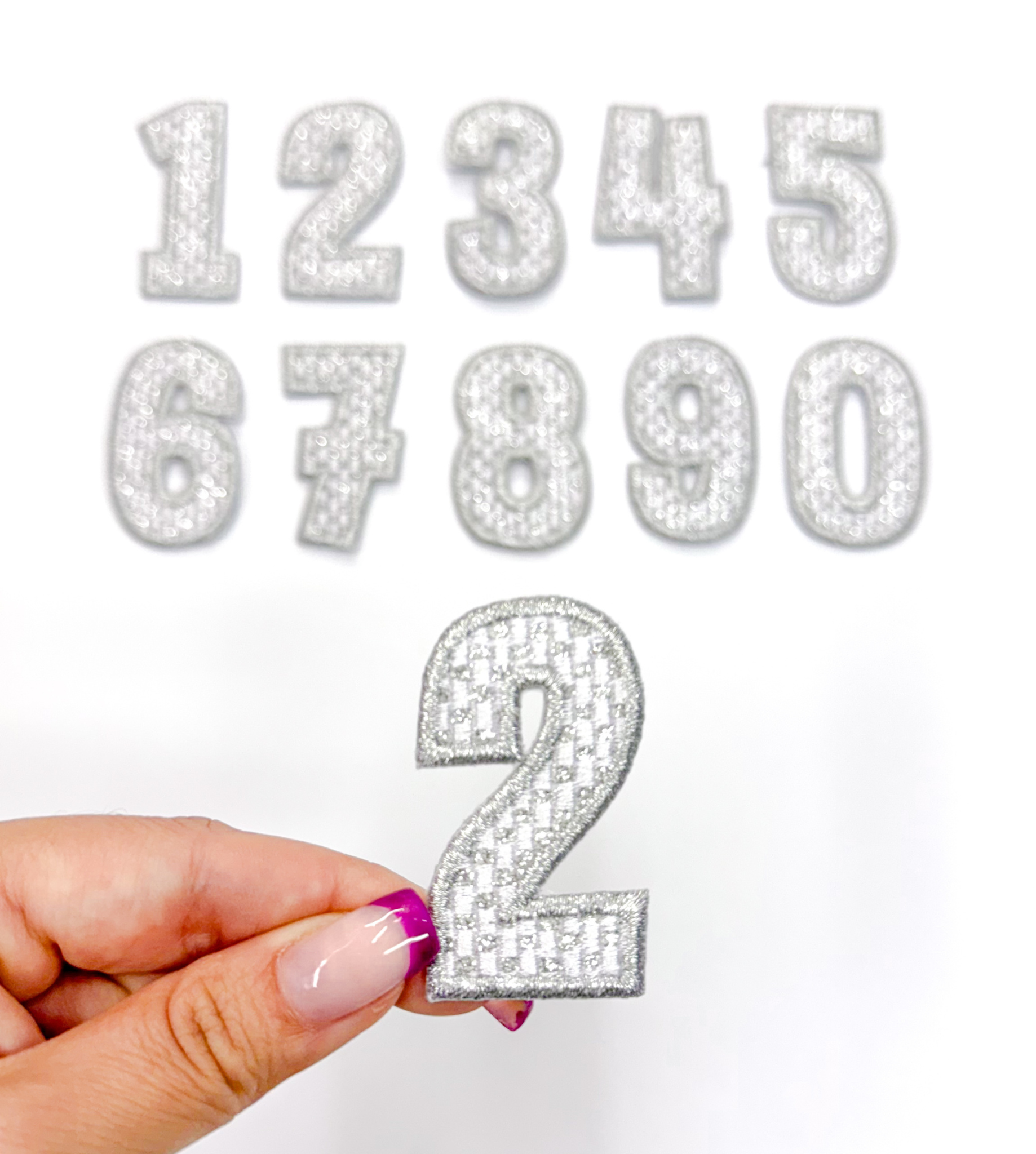 2” Silver Checkered Numbers Glitter Embroidery Patch