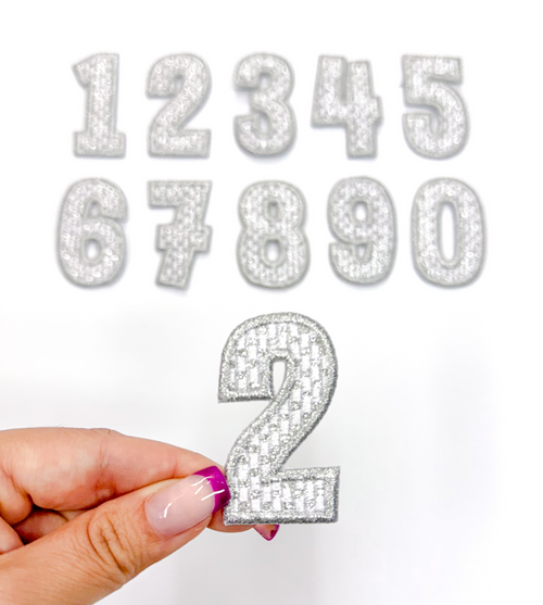 2” Silver Checkered Numbers Glitter Embroidery Patch