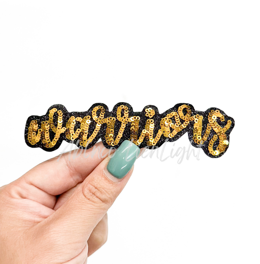 Gold Warriors Mascot Script Letter Sequin Patch - Small