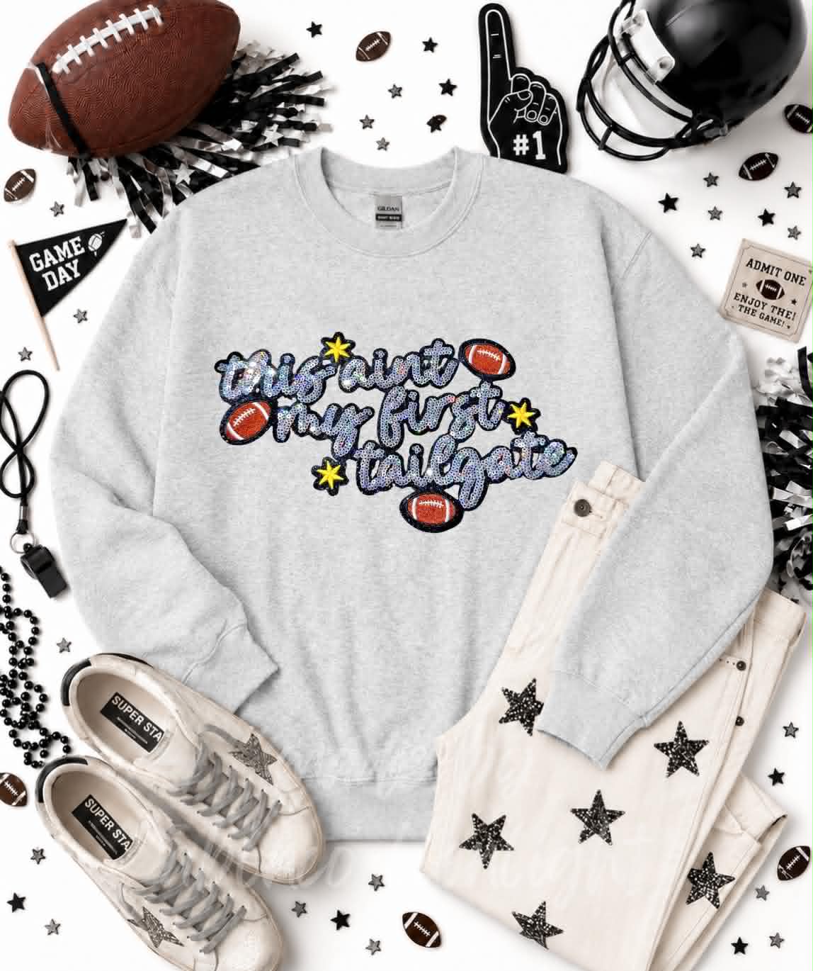 This Ain't My First Tailgate Football Sequin Patch Sweatshirt