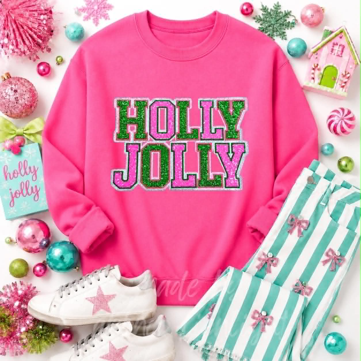 Pink & Green Holly Jolly Christmas Sequin Patch Sweatshirt