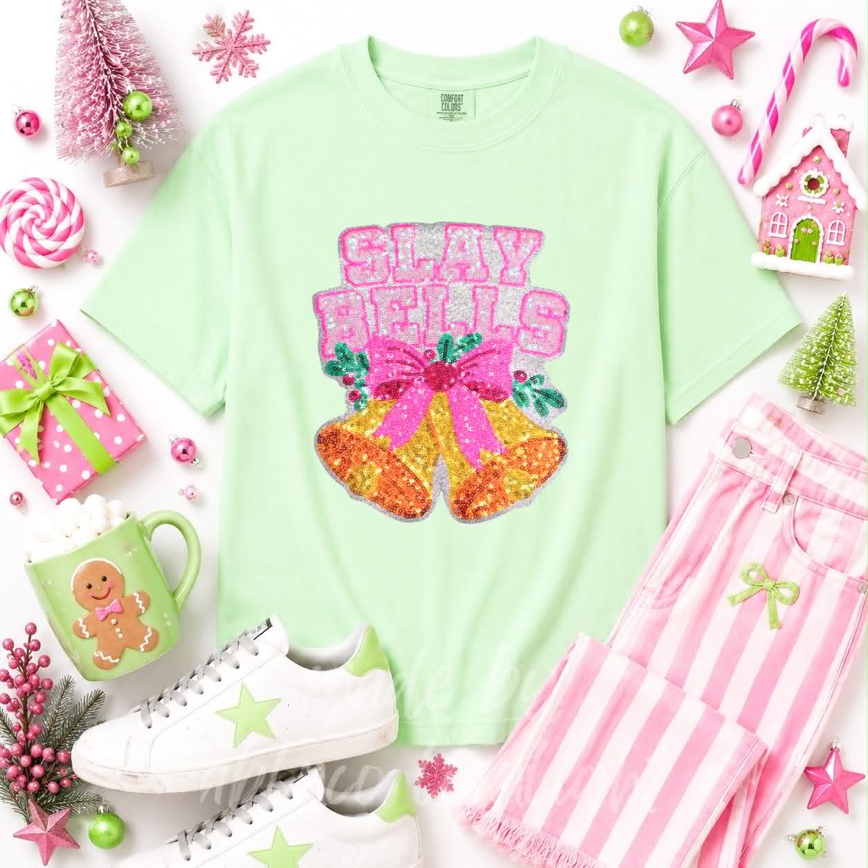 Slay Bells Christmas Sequin Patch Tshirt