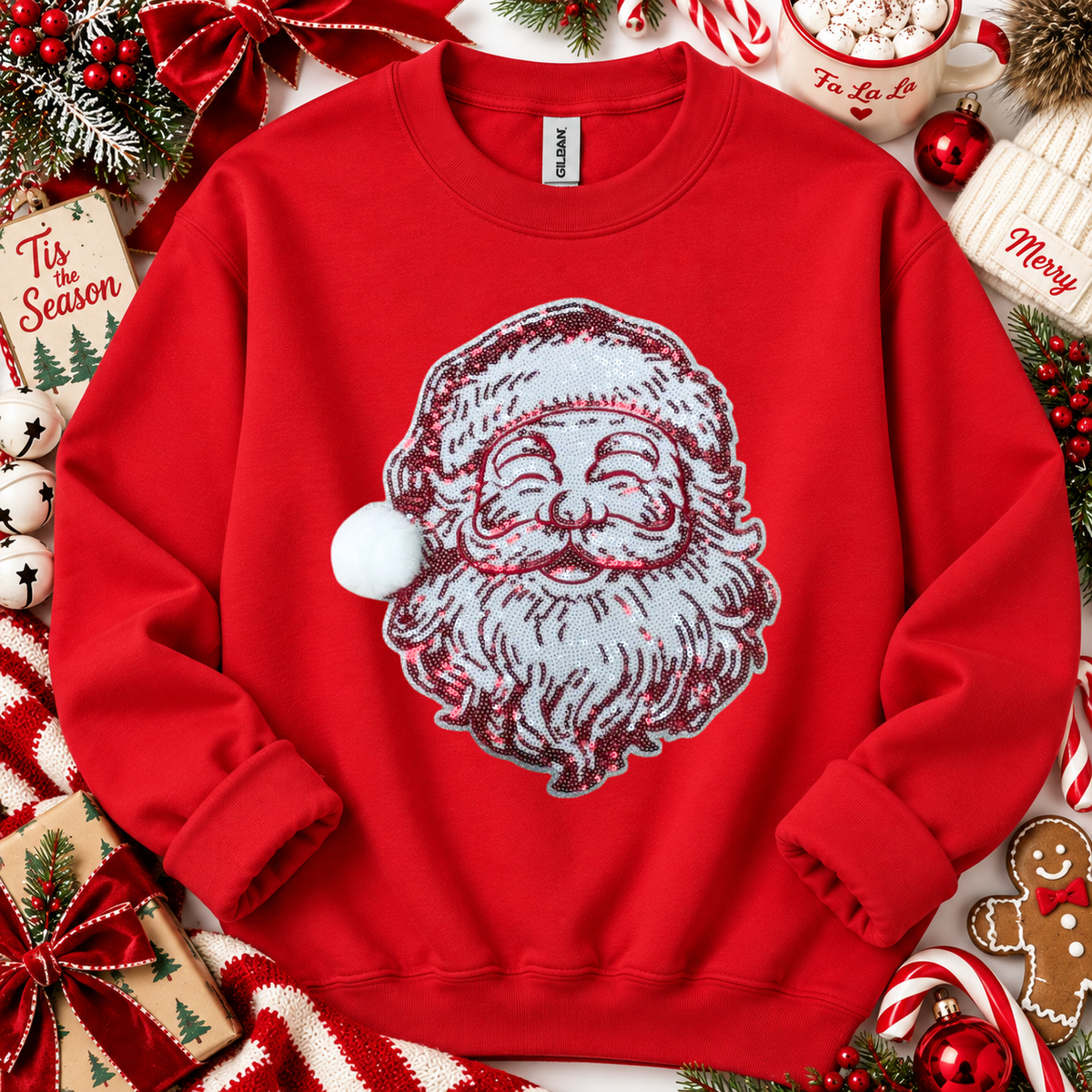 Red Vintage Santa Fuzzy Poof Ball Christmas Sequin Patch Sweatshirt