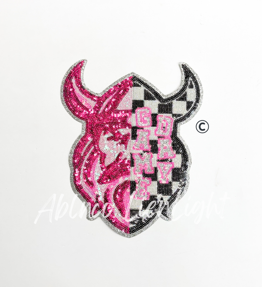 Preppy Pink Checkered Viking Mascot Game Day Sequin Patch