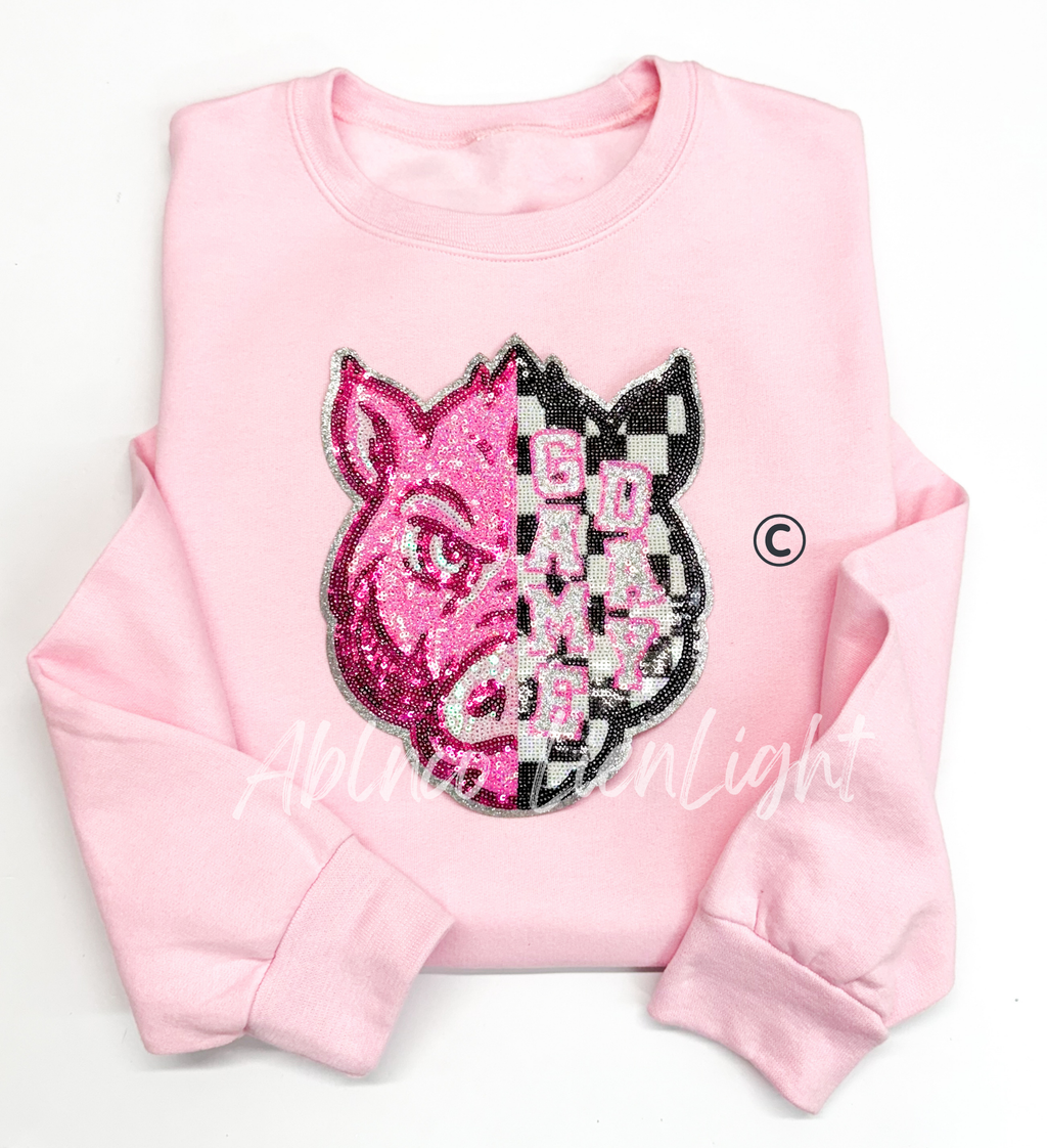 Hog Mascot Pink Checkered Sequin Patch - Large