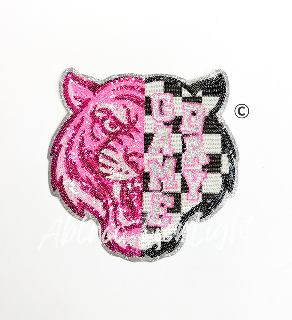 Tiger Mascot Pink Checkered Sequin Patch - Large