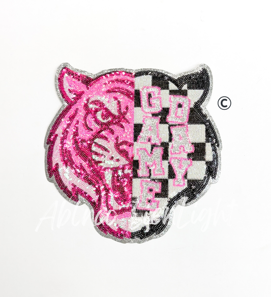 Preppy Pink Checkered Tiger Mascot Game Day Sequin Patch