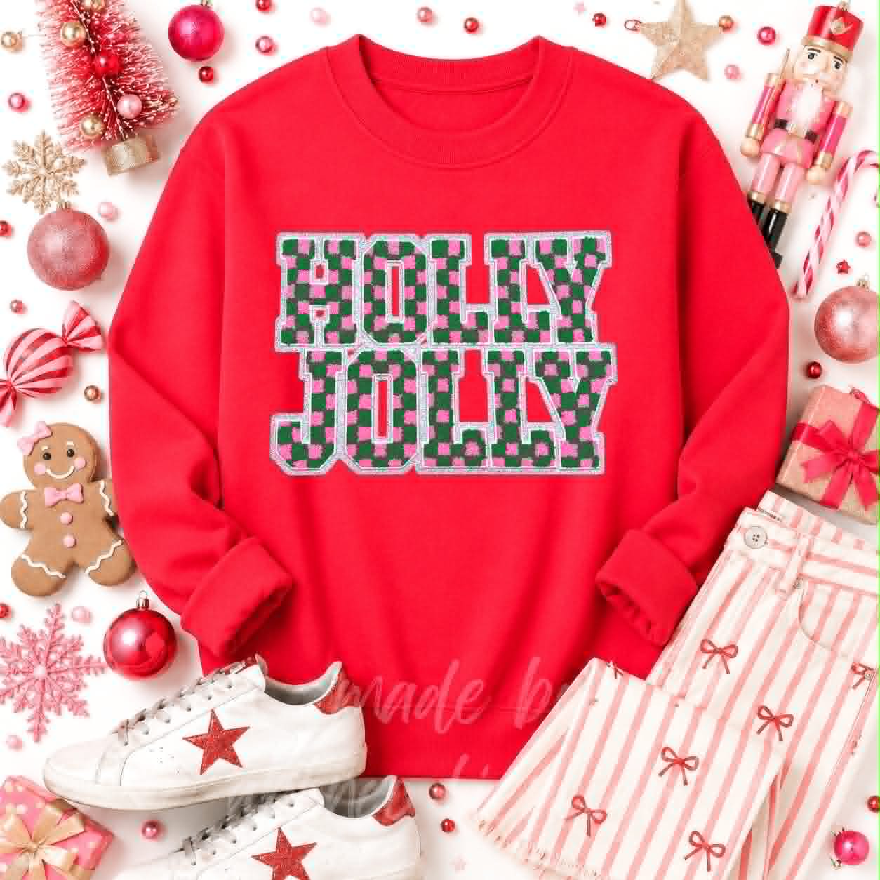 Checkered Holly Jolly Christmas Sequin Patch Sweatshirt