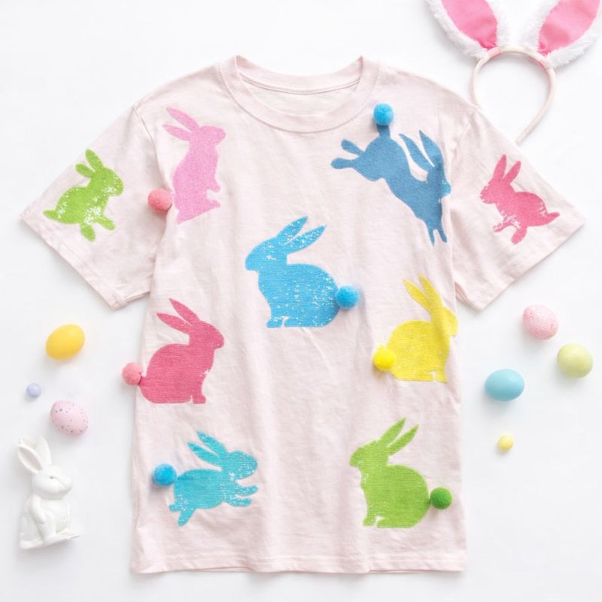 Pink Easter Bunny Poofs Spring Real Sequin Tshirt