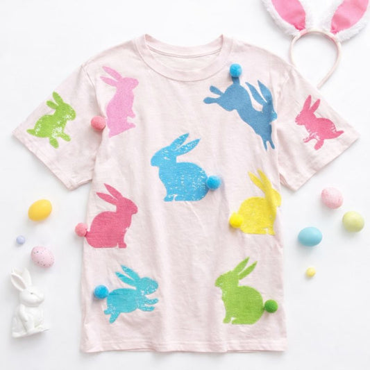Easter Bunnies Poofs Spring Real Sequins Pink Tshirt