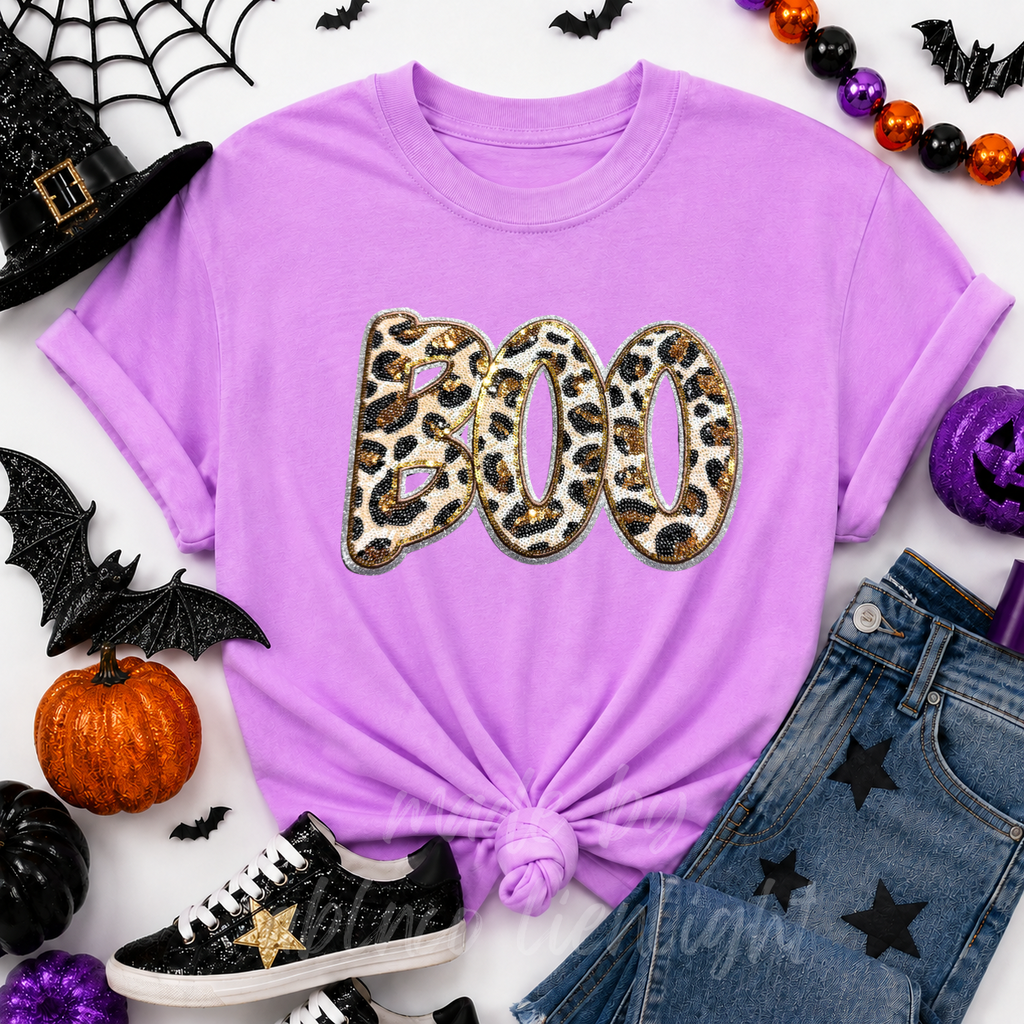 Cheetah Print Boo Halloween Sequin Patch Tshirt