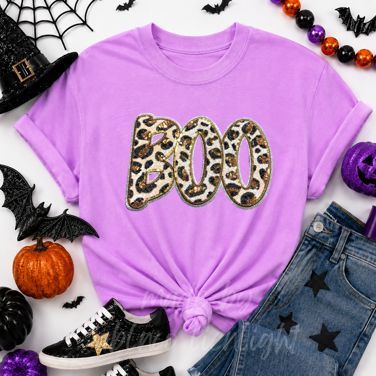 Cheetah Print Boo Halloween Sequin Patch Tshirt