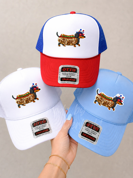 Sequin Weiner Dog 4th July Otto Trucker Hat