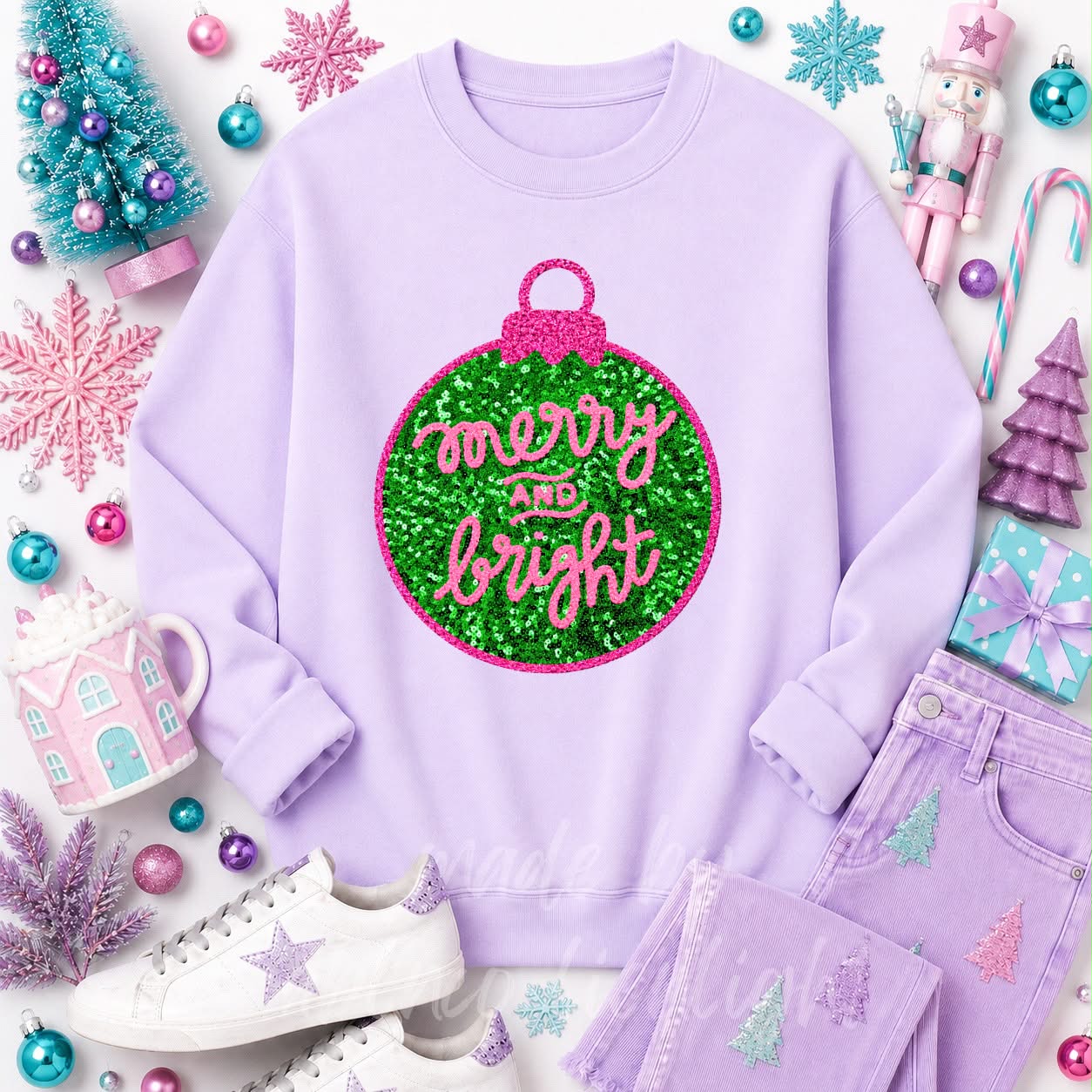 Merry & Bright Ornament Christmas Sequin Patch Sweatshirt